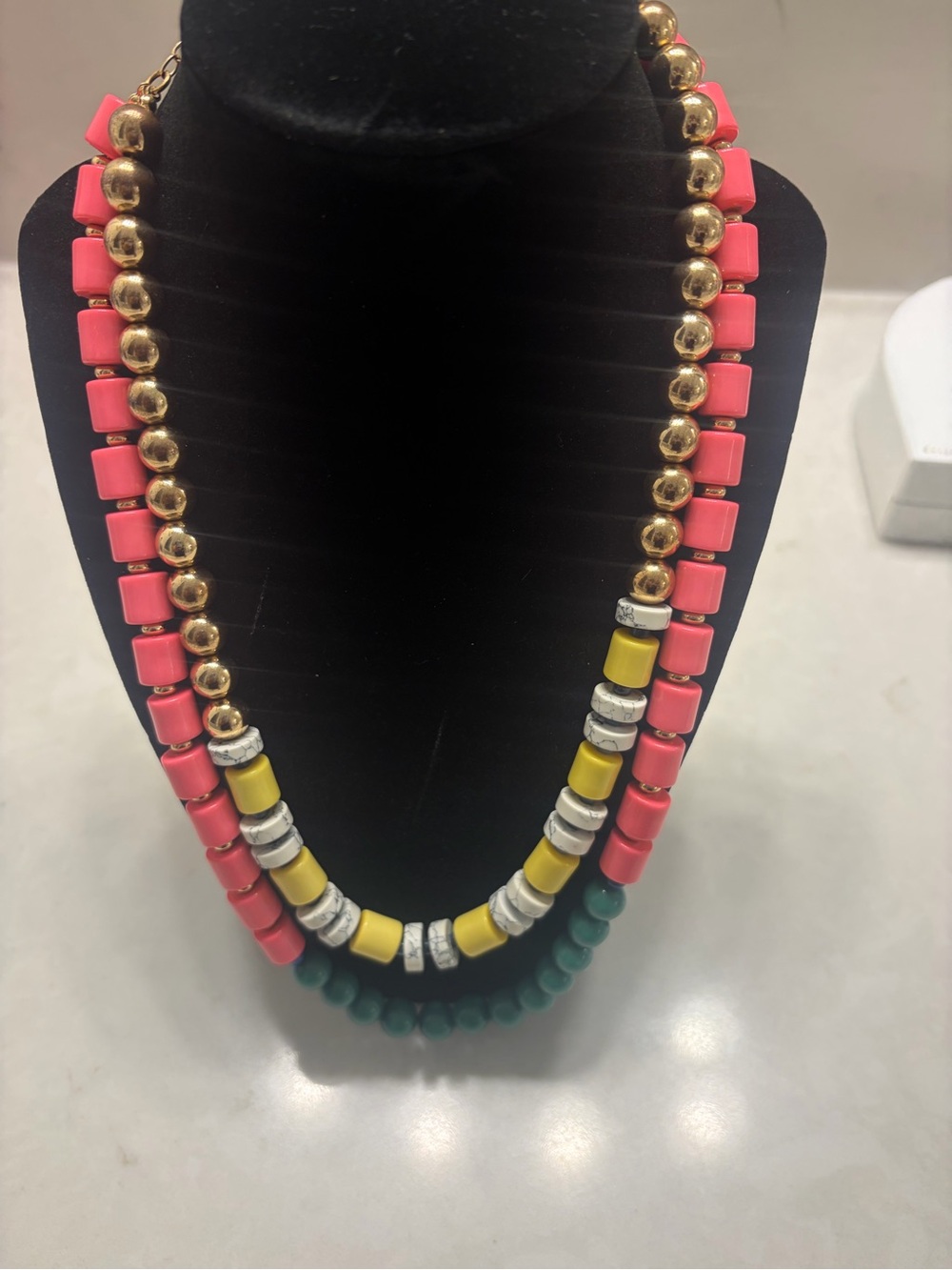 Multistrand Beaded Statement Necklace in Coral, Yellow, Green & Gold